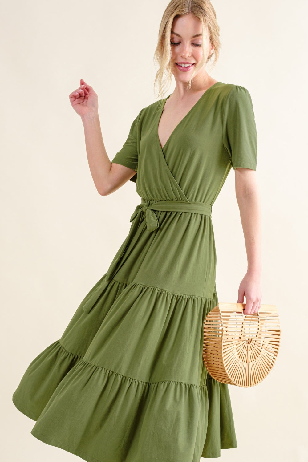 GREEN And The Why Soft Short Sleeve Tiered Midi Dress