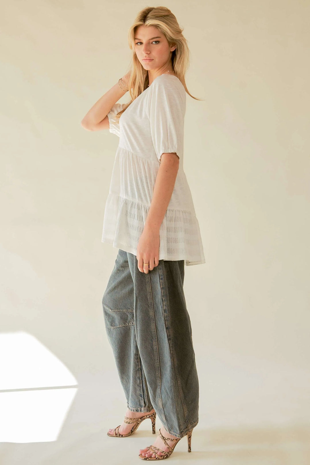 Davi Dani Ruffled Flared Short Sleeve V Neck Blouse