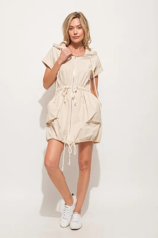 Almond And The Why Short Sleeve String Details Hooded Mini Dress