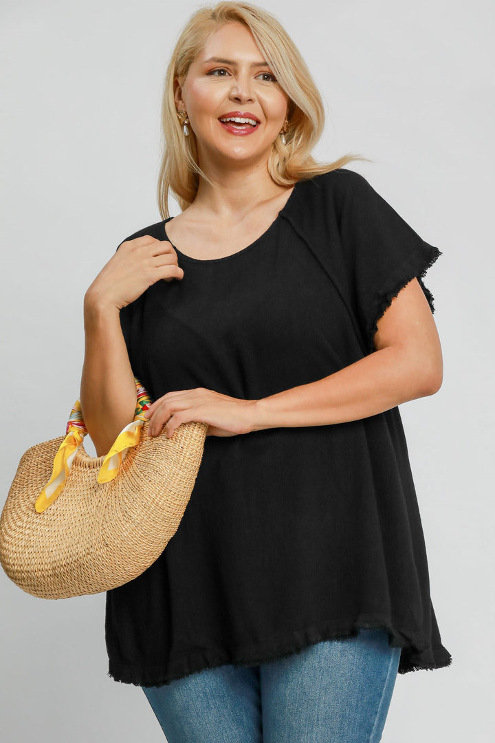 Black Umgee Full Size Seam Detail Linen Ruffle Fringe Edge Top Plus Size