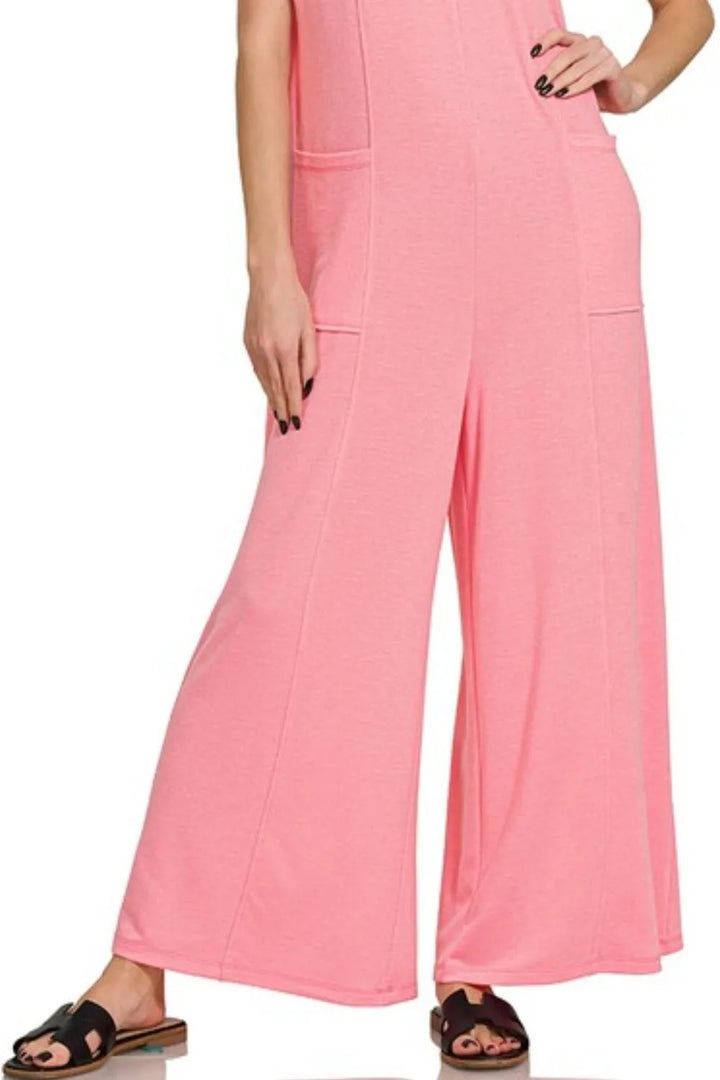 Dk Pink Zenana French Terry Deep V Neck Jumpsuits 3