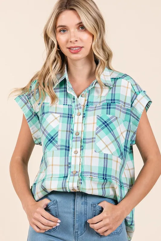 Turquoise Mittoshop Mineral Wash Plaid Button Down Shirt