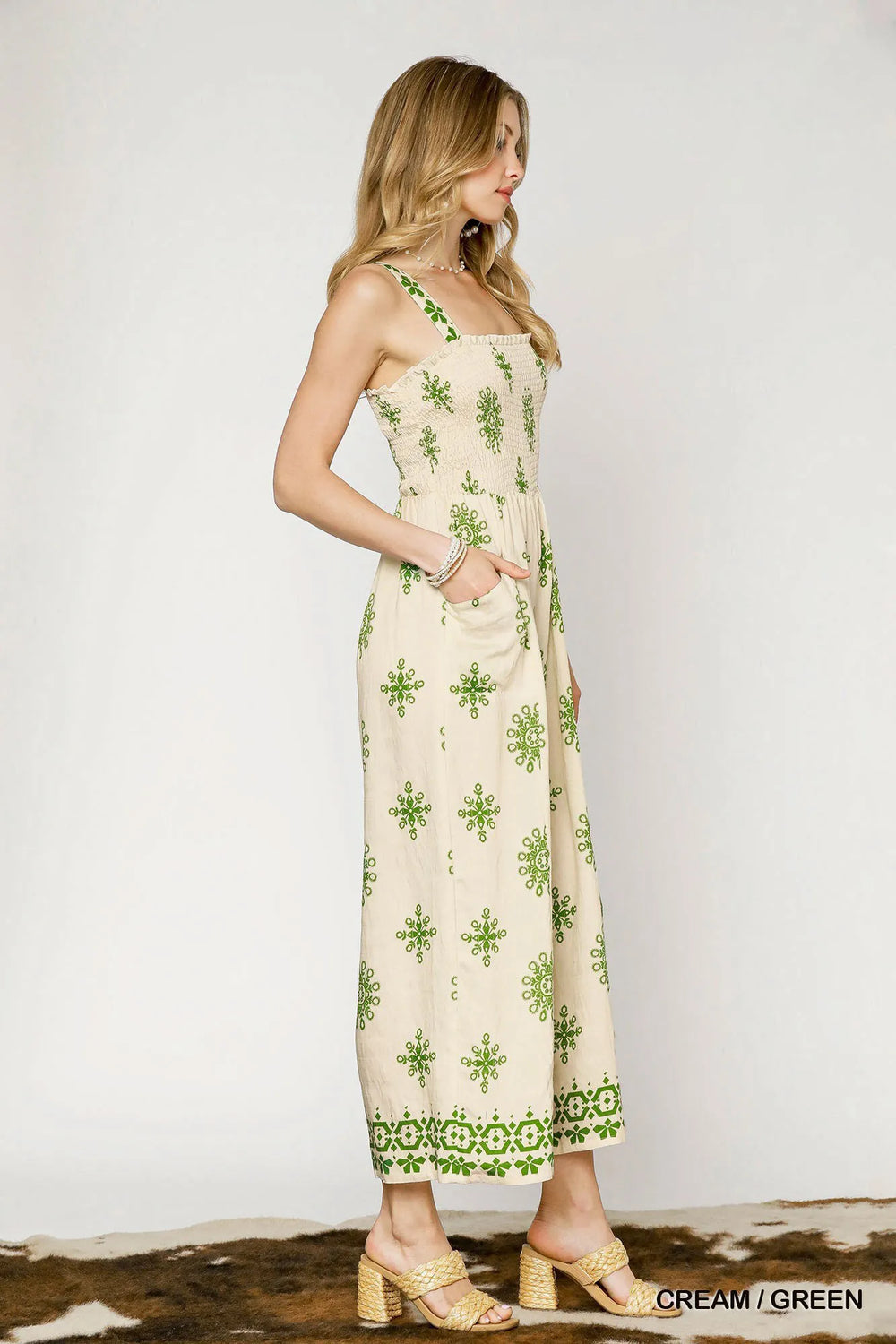 Cream / Green Umgee Smocked Printed Wide Leg Jumpsuit 1