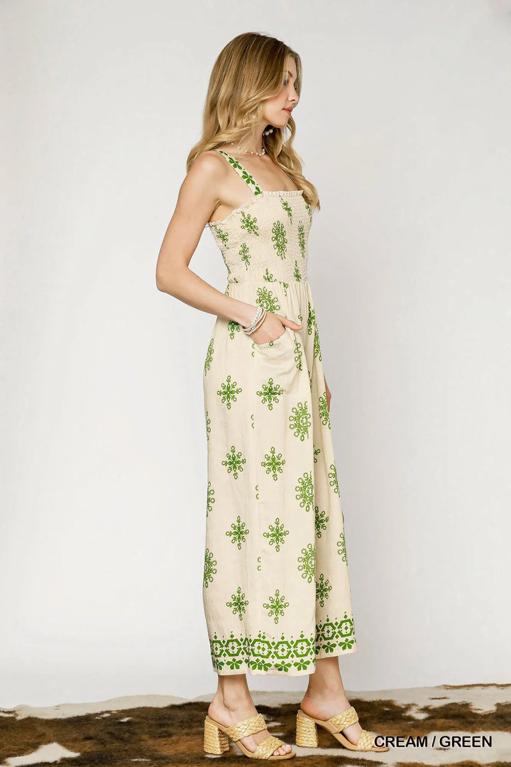 Cream / Green Umgee Smocked Printed Wide Leg Jumpsuit 1