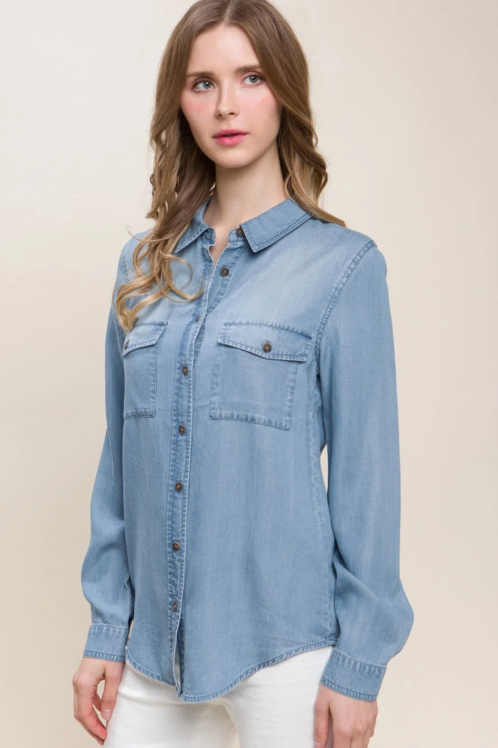 Blue Love Tree Scooped Hem Button Up Denim Shirt