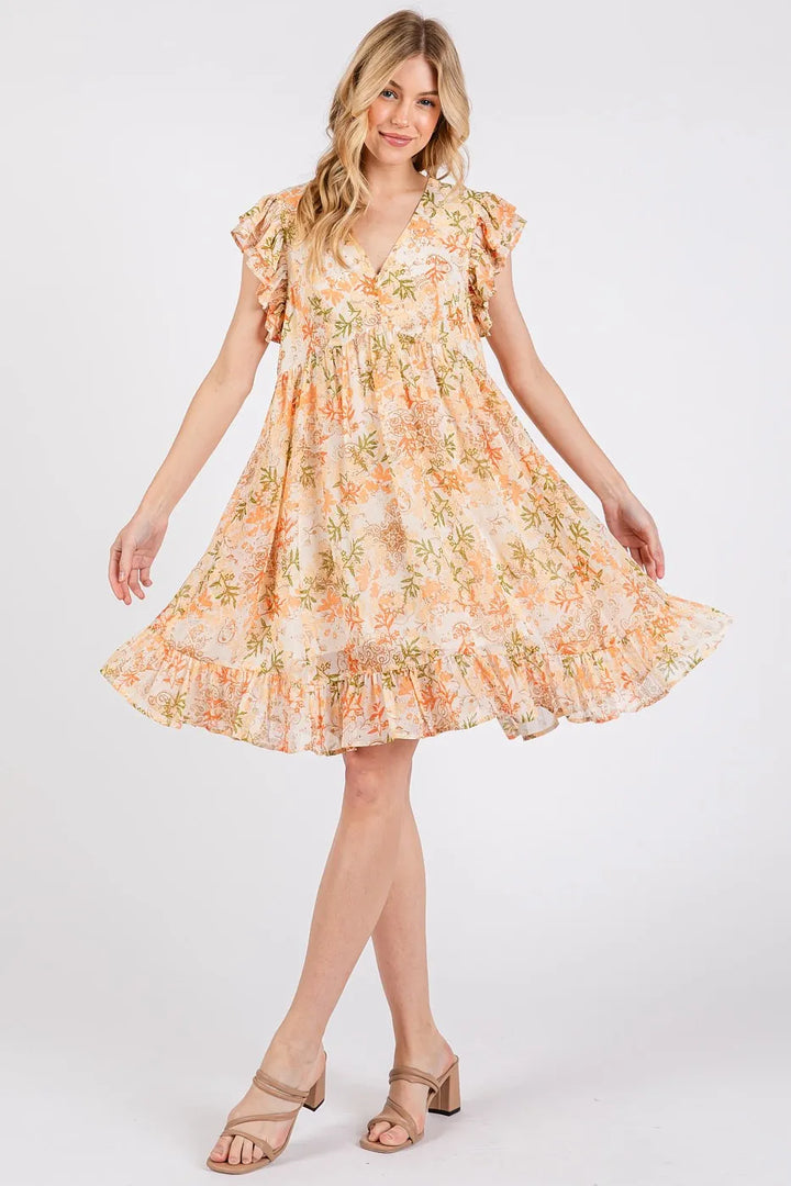 Orange Multi Mittoshop Floral Chiffon Ruffle Short Sleeve Mini Dress