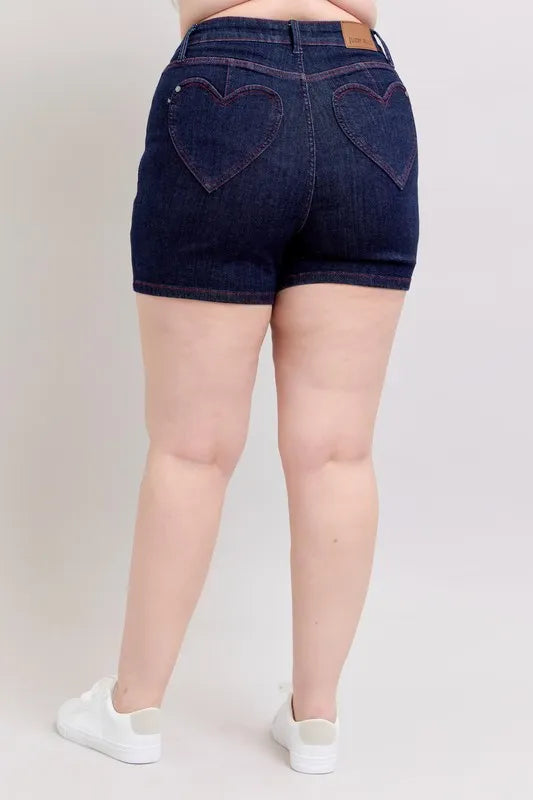 Judy Blue Plus Size Hw Heart Shaped Pkts Red Contrast Thread Denim Shorts