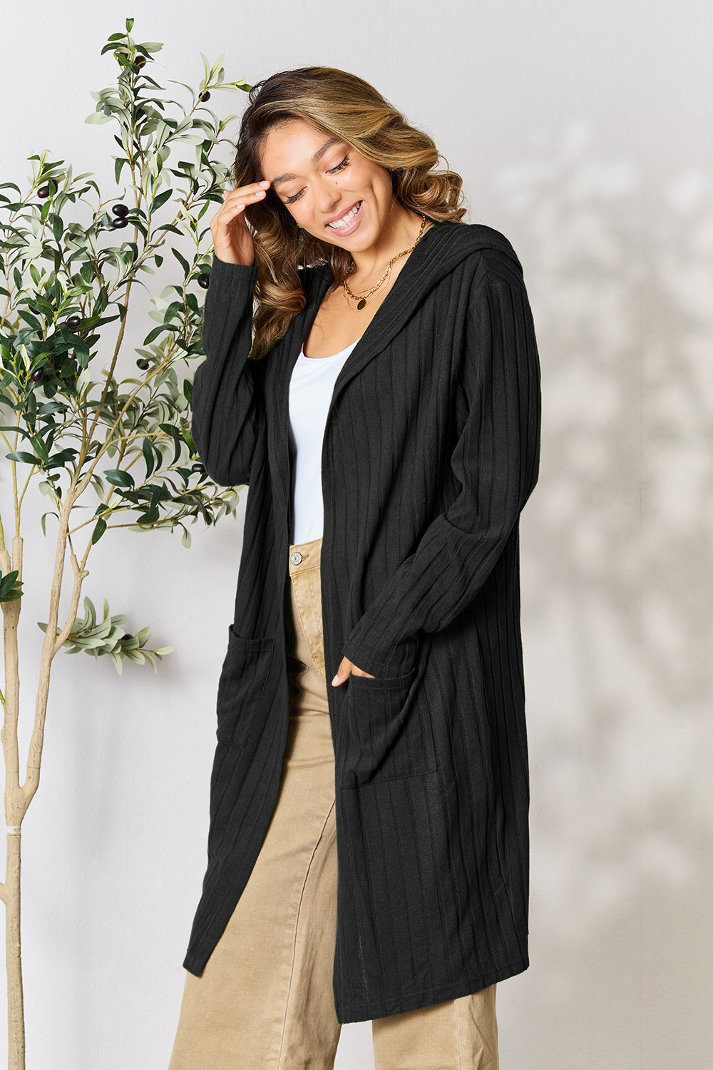 Black Basic Bae Full Size Hooded Sweater Cardigan