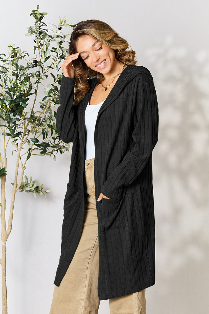 Black Basic Bae Full Size Hooded Sweater Cardigan