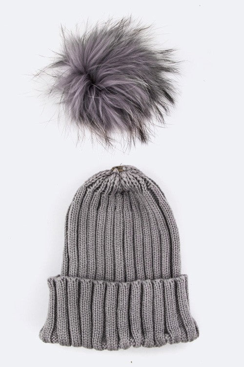 Blue Raccoon Fur Pompom Beanie