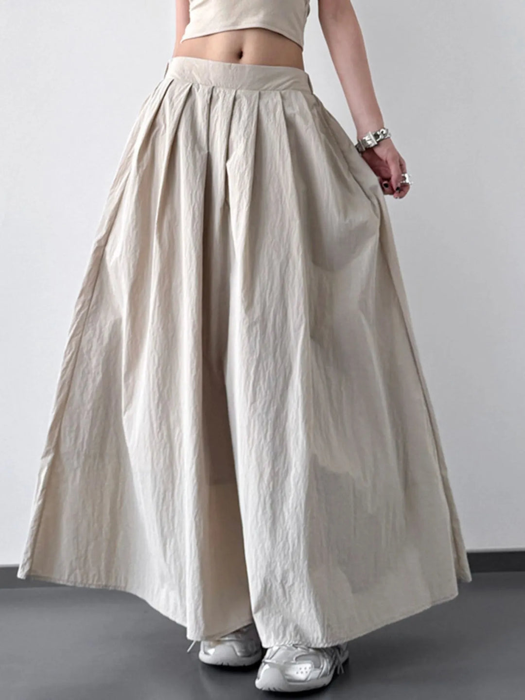 Light Khaki Pleated Linen Maxi Skirt