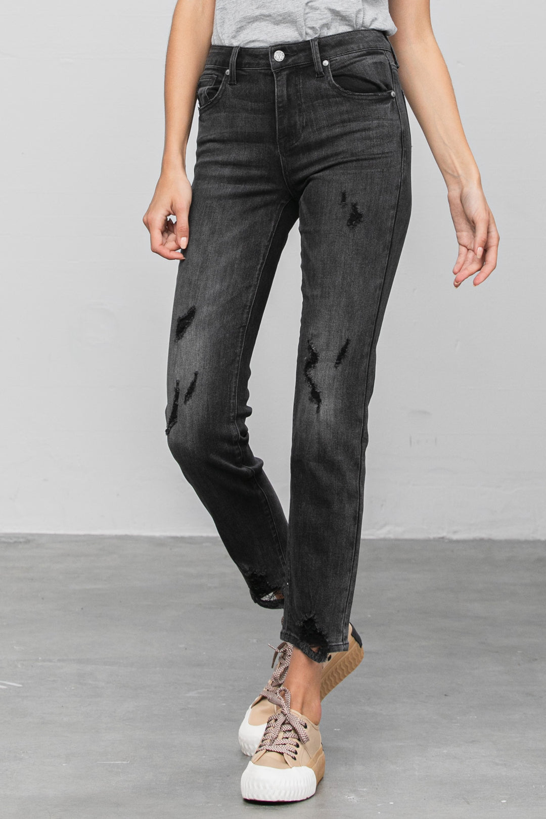 Black Mid Rise Distressed Straight Jeans