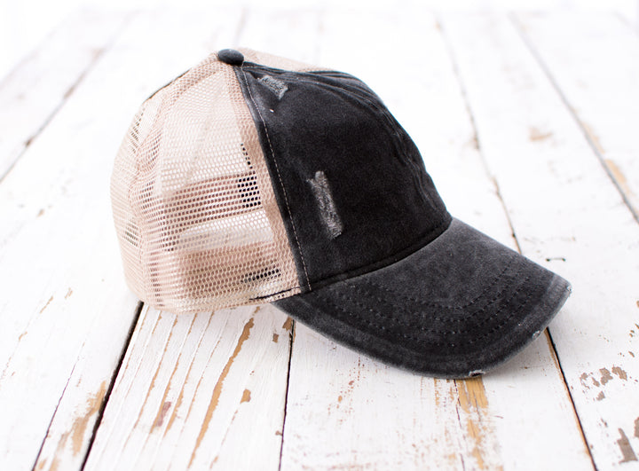 Distressed Messy Bun Caps Adjustable