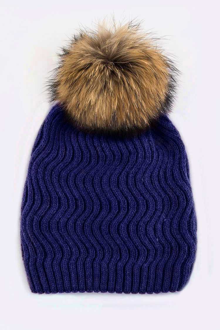 Black Raccoon Fur Pompom Chevron Knit Beanie