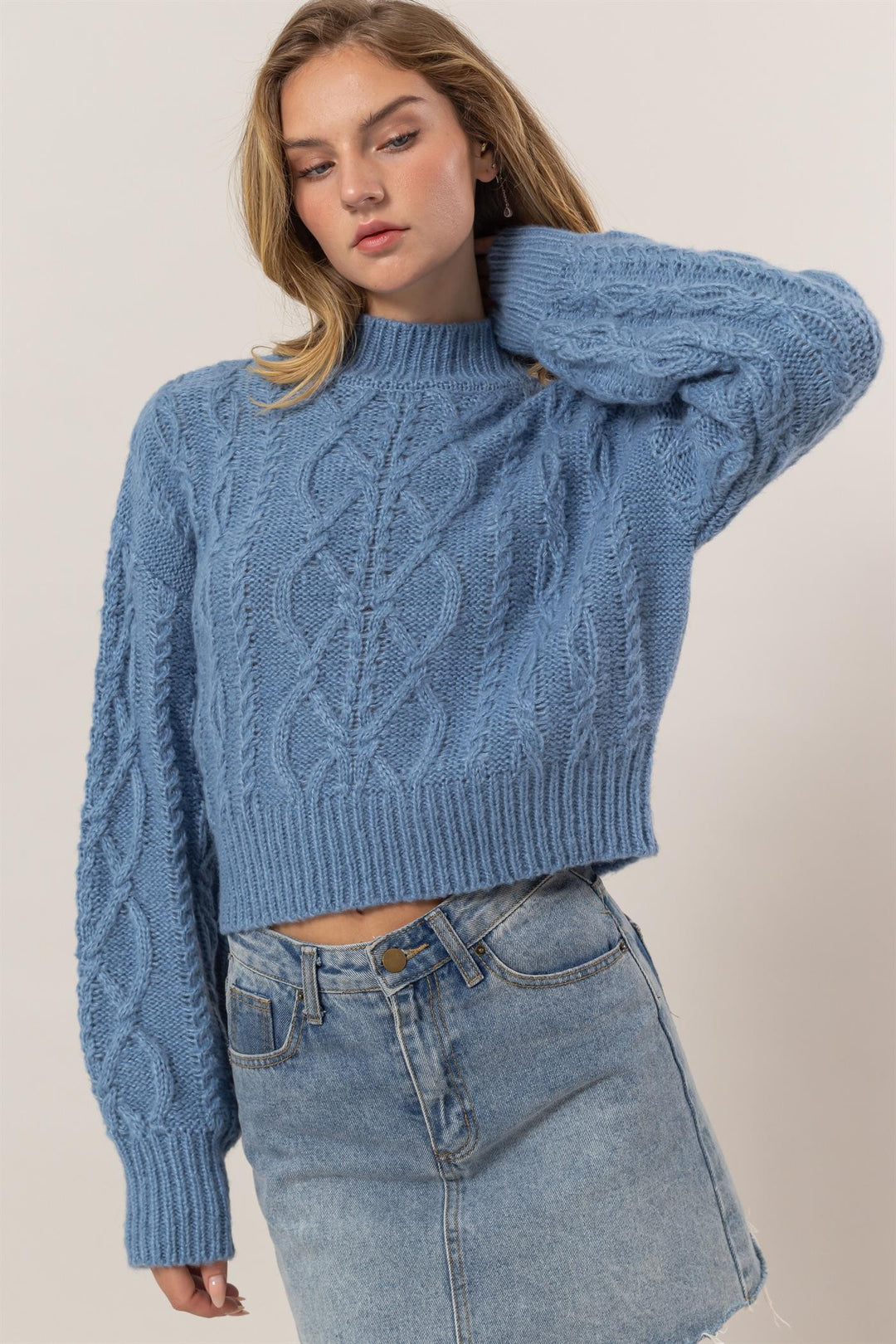 Gray Blue Hyfve Cable Knit Mock Neck Dropped Shoulder Sweater
