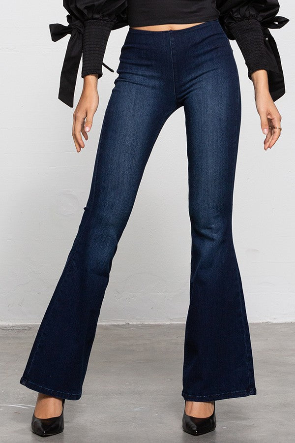 Dark Mid Rise Banded Wider Flare Jeans