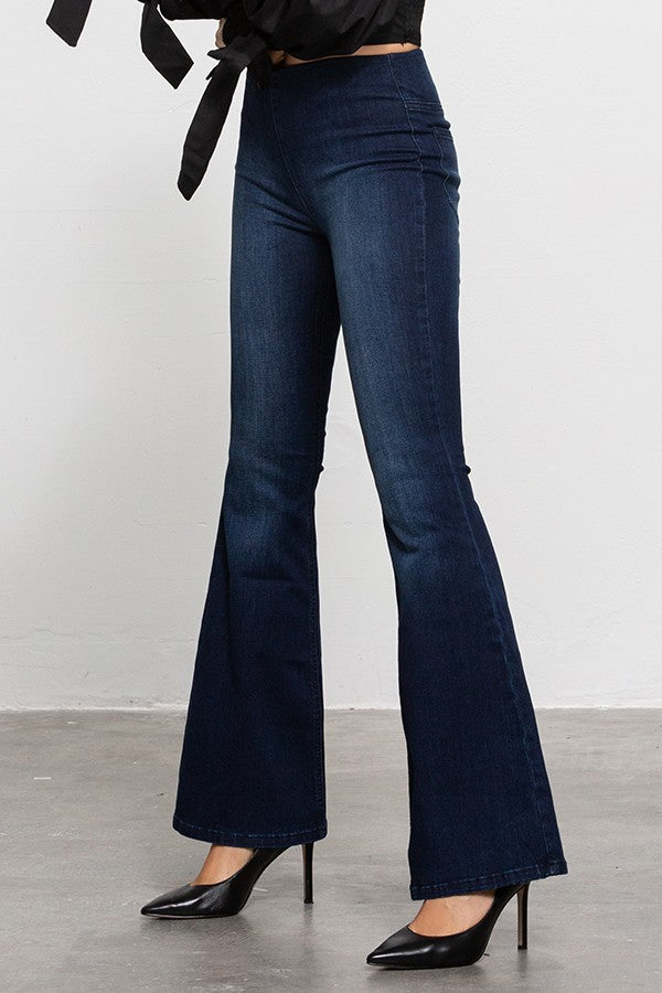 Dark Mid Rise Banded Wider Flare Jeans