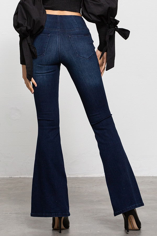 Dark Mid Rise Banded Wider Flare Jeans