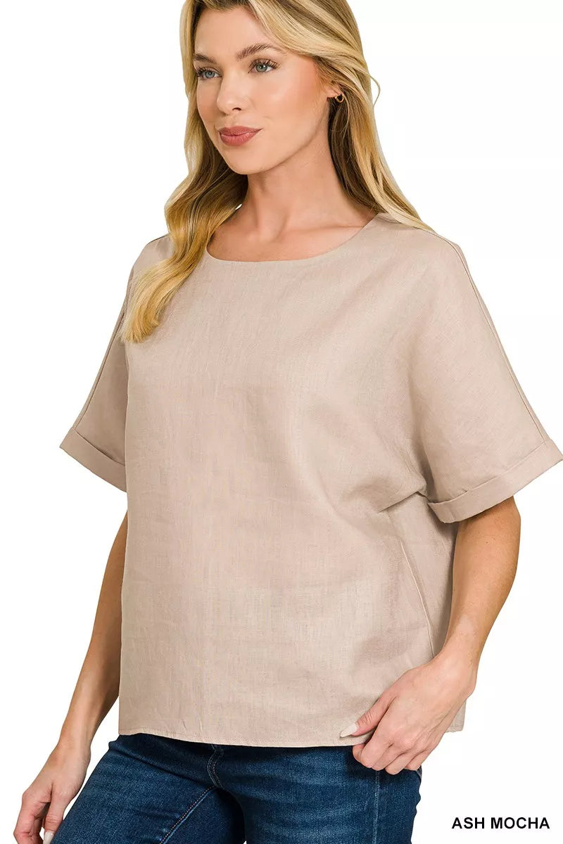 Ash Mocha Zenana Linen Round Neck Cuffed Sleeve Top 5