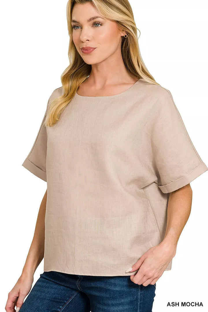 Ash Mocha Zenana Linen Round Neck Cuffed Sleeve Top 5