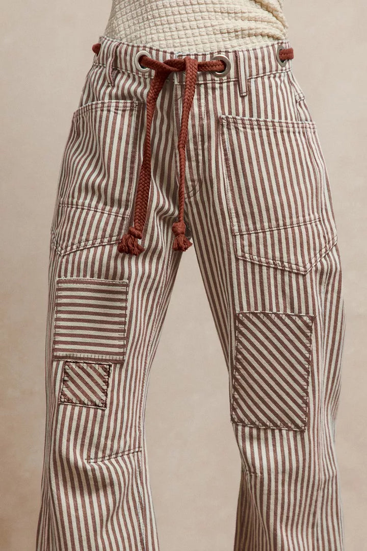 Mocha Brown Bibi Drawstring Striped Twill Barrel Pants