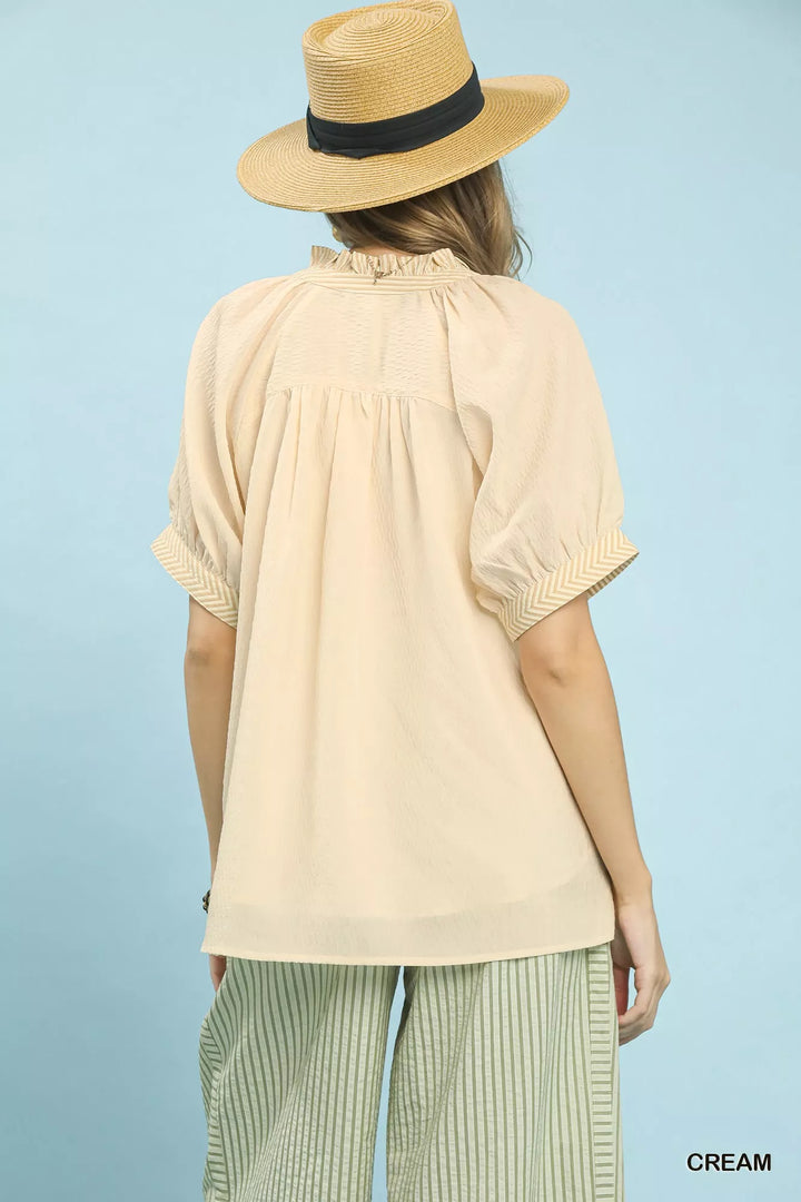 Cream Umgee V Neck Short Sleeve Blouse