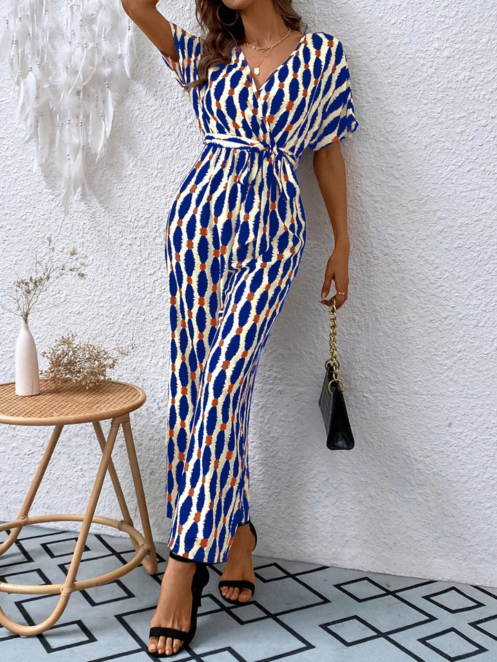 Printed Surplice Tie Waist Short Sleeve Jumpsuit