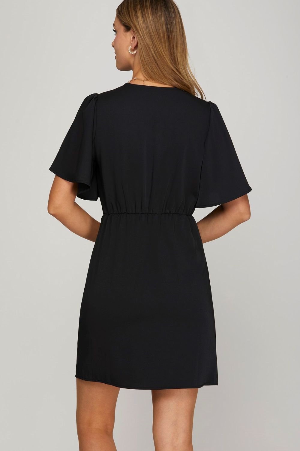 Black She Sky Ruffled Surplice Short Flutter Sleeve Mini Dress
