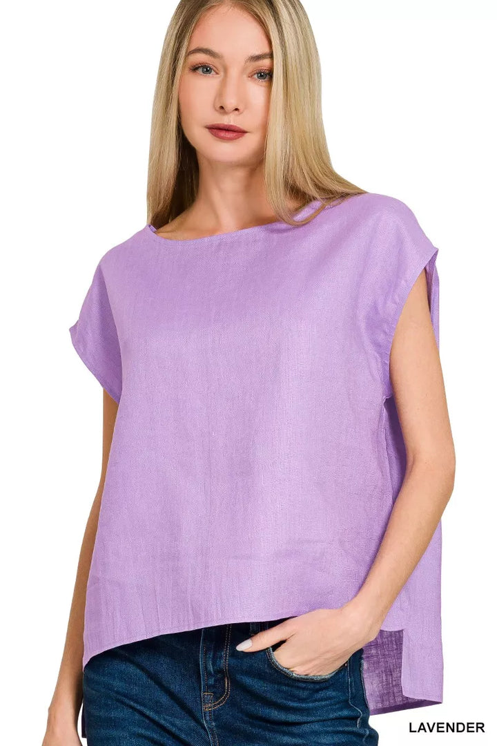 Lavender Zenana Linen Round Neck Cap Sleeve Top 1