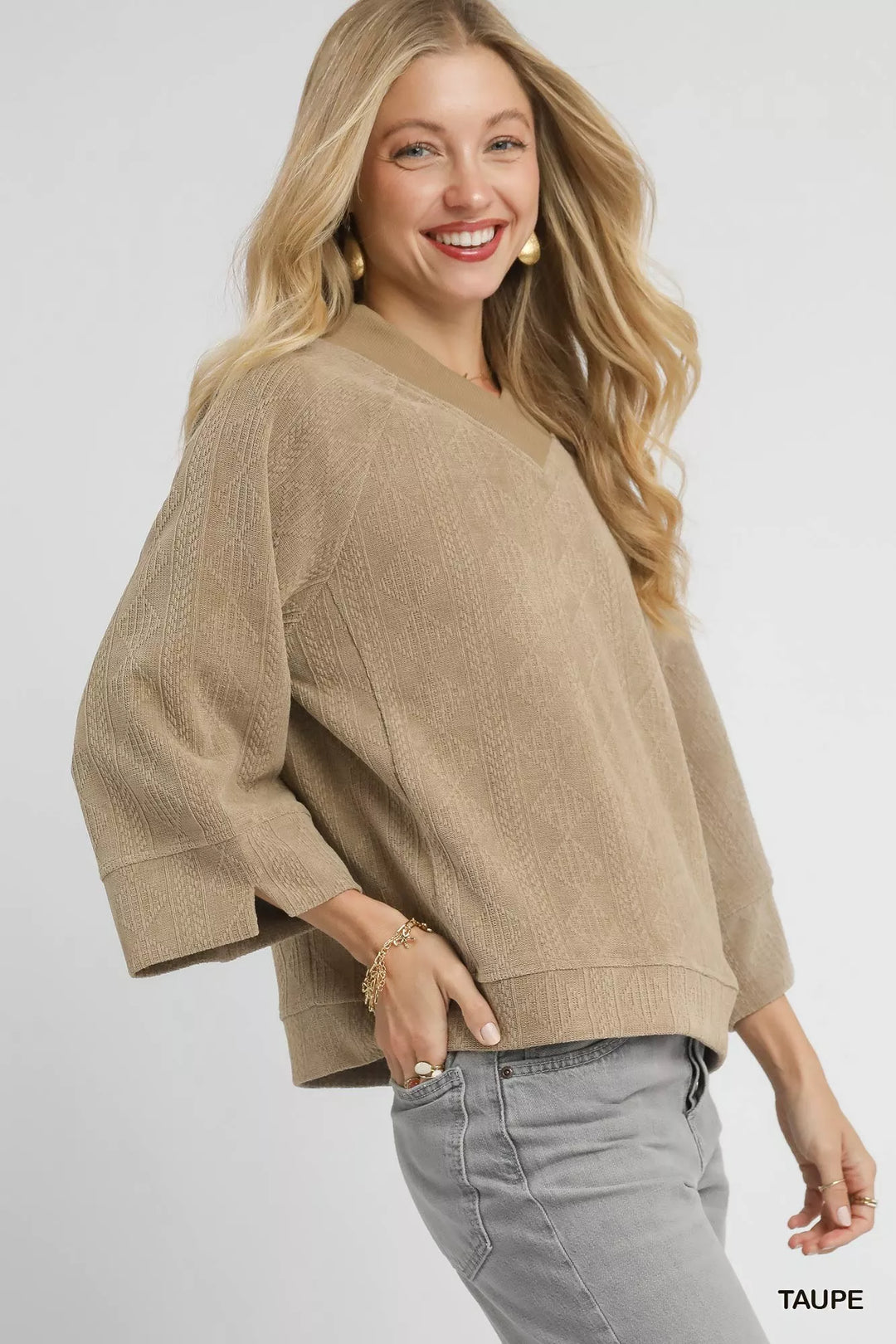 Taupe Umgee Textured Knit V Neck Top