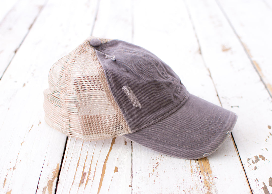 Distressed Messy Bun Caps Adjustable