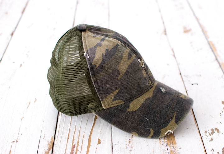 Distressed Messy Bun Caps Adjustable