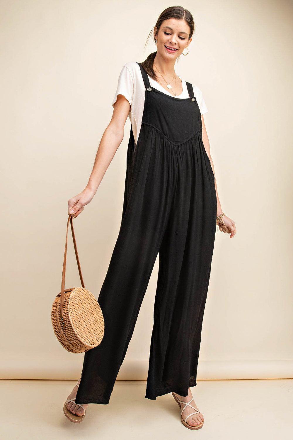 Black Kori America Full Size Sleeveless Ruched Wide Leg Overalls