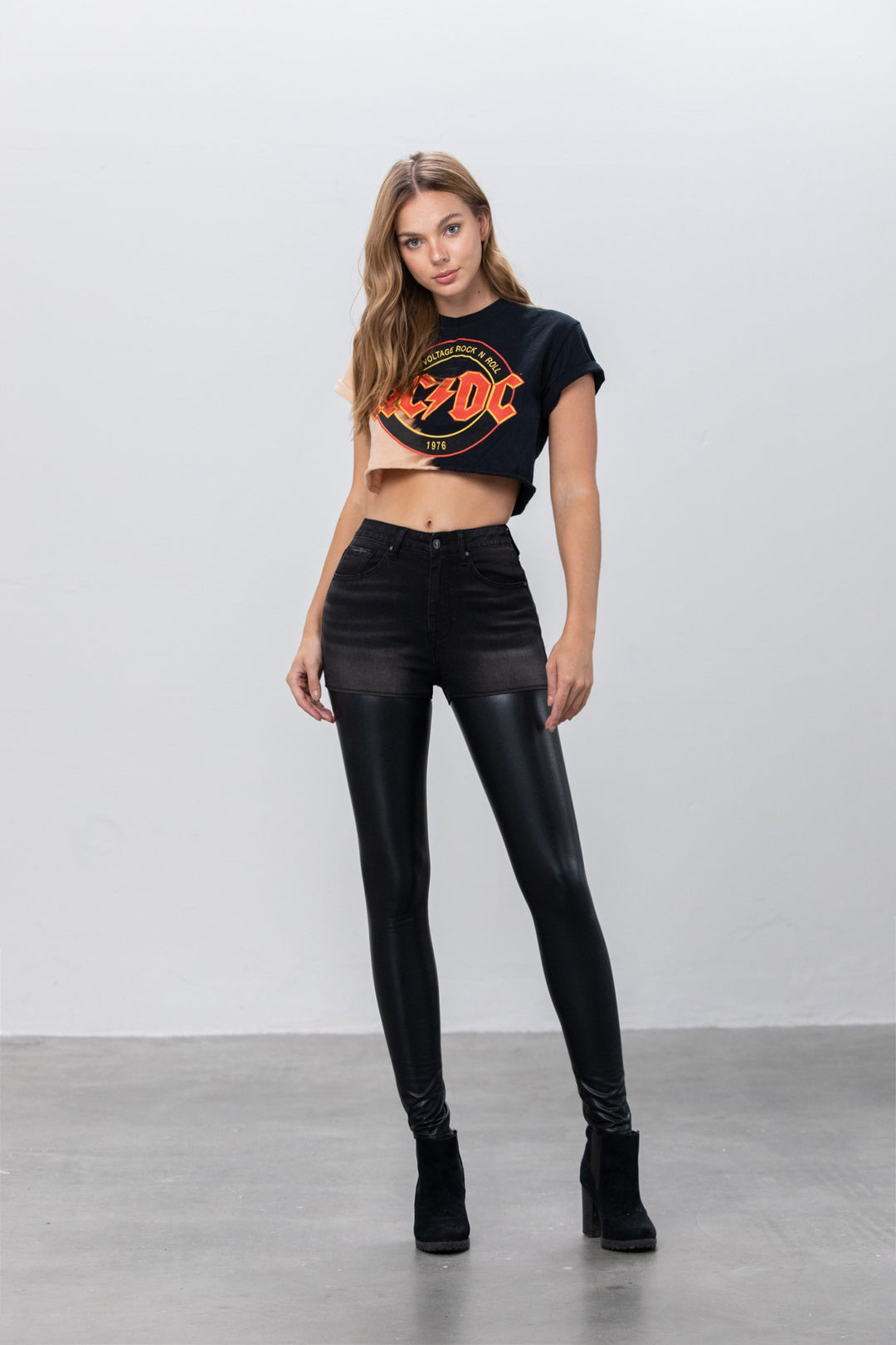 Black High Rise Leather Denim Skinny Pants