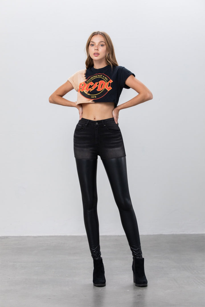 Black High Rise Leather Denim Skinny Pants
