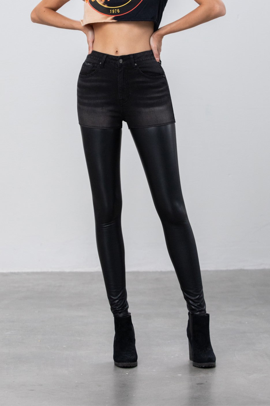 Black High Rise Leather Denim Skinny Pants