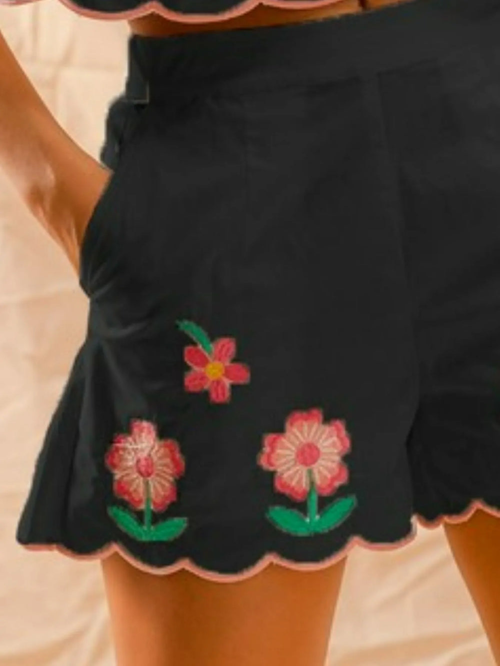 Black So Me Flower Embroidered Tank Top And Shorts Set