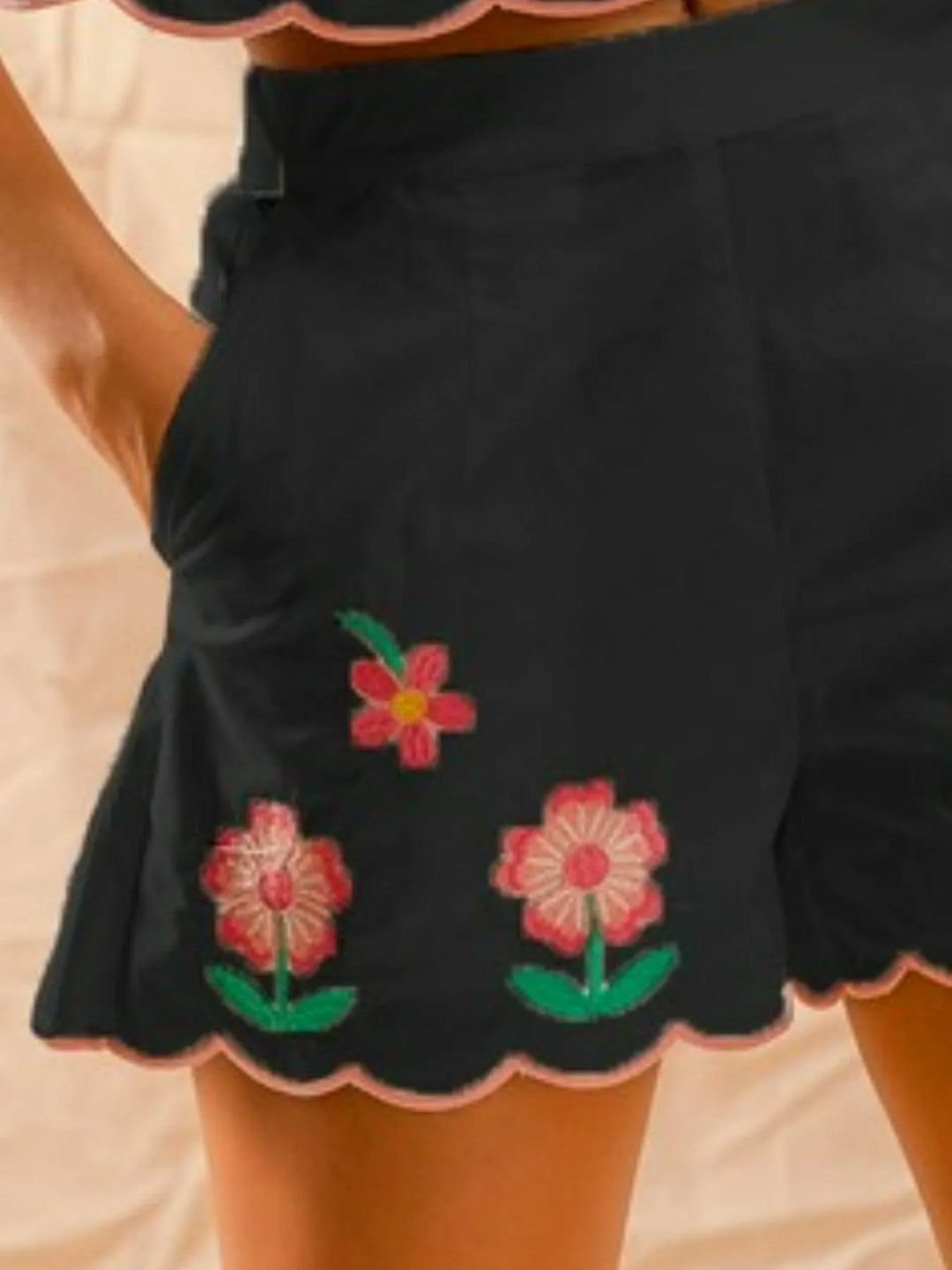 Black So Me Flower Embroidered Tank Top And Shorts Set