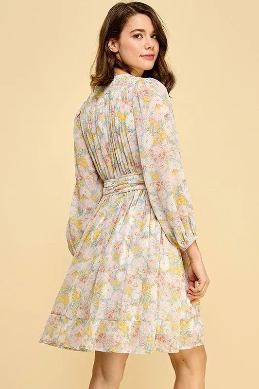Blue Floral Lime N Chili Chiffon Floral Print Belted Dress With Back Zipper