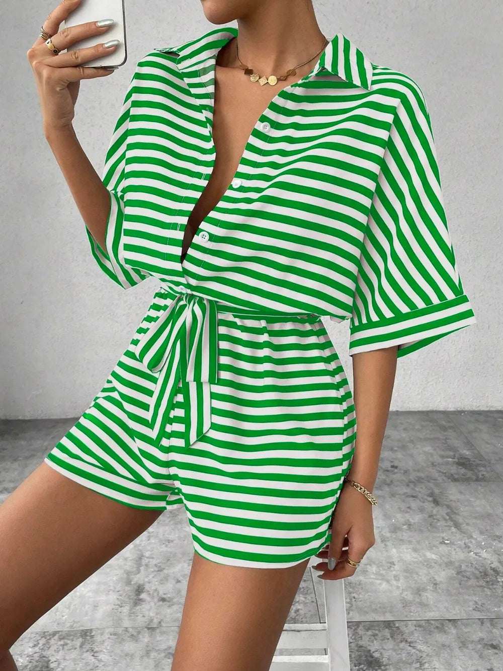 Green Tie Waist Half Button Striped Romper