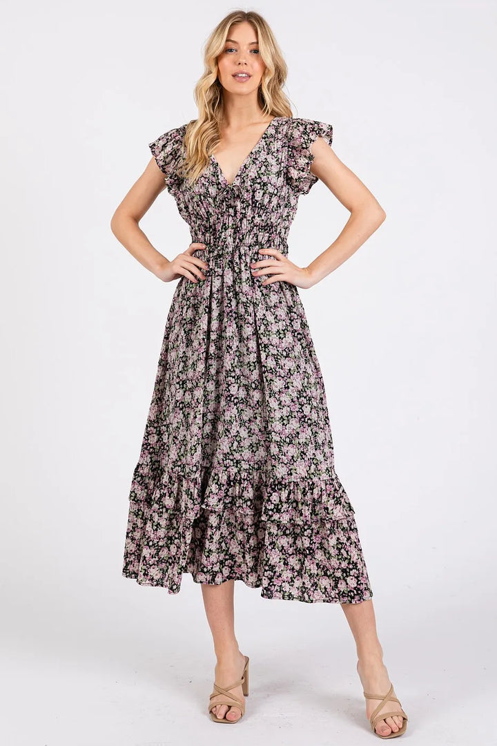 Black Mittoshop Flower Print Ruffle Cap Sleeve V Neck Midi Dress 1