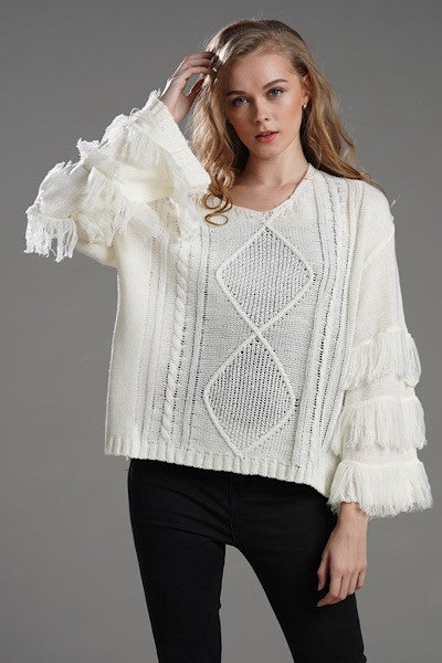 White Fringe Knit Sweater