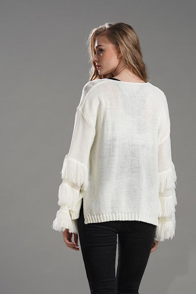 White Fringe Knit Sweater