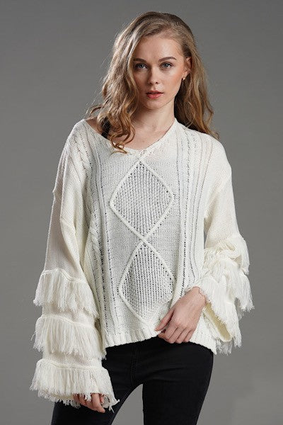 White Fringe Knit Sweater