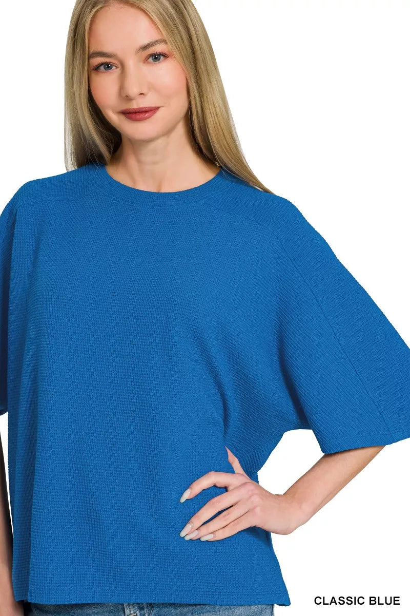 Classic Blue Zenana Double Knit Short Sleeve Top