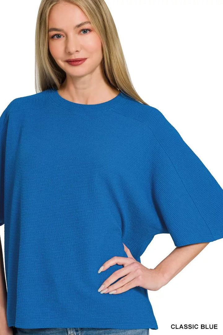 Classic Blue Zenana Double Knit Short Sleeve Top