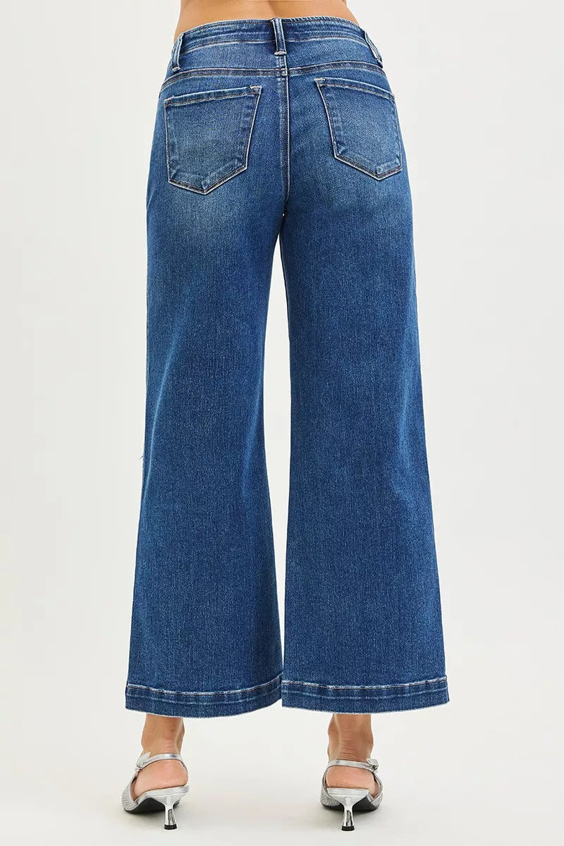 Dark Risen High Rise Wide Leg Jeans With Pocket Button Detail