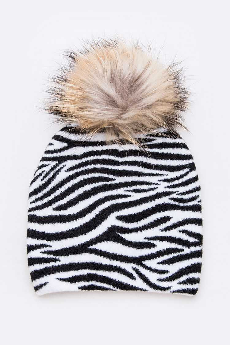 Cow Mix Print Raccoon Fur Pom Iconic Beanie