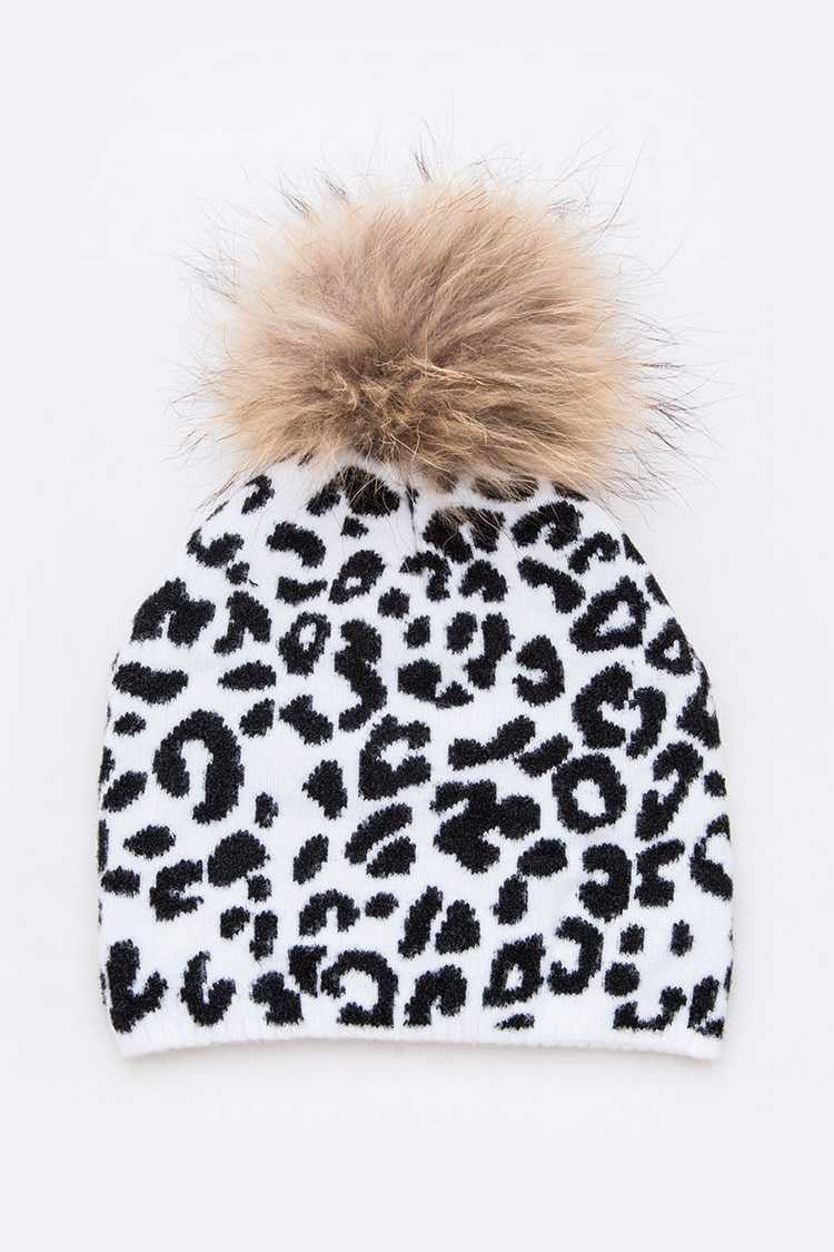 Houndstooth Mix Print Raccoon Fur Pom Iconic Beanie