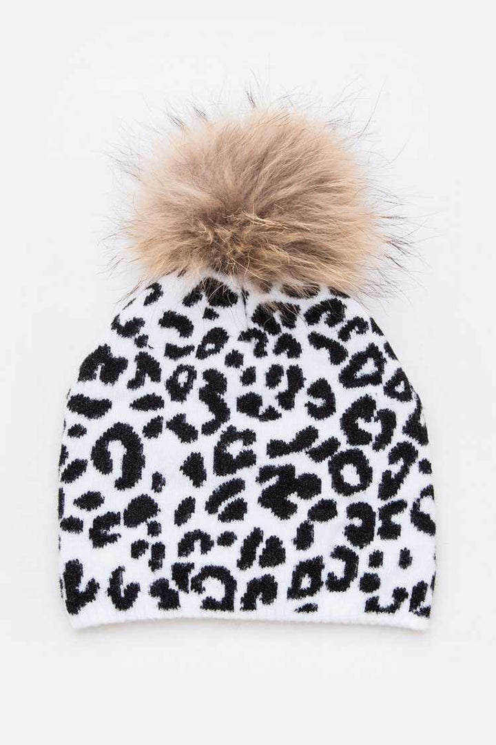 Houndstooth Mix Print Raccoon Fur Pom Iconic Beanie